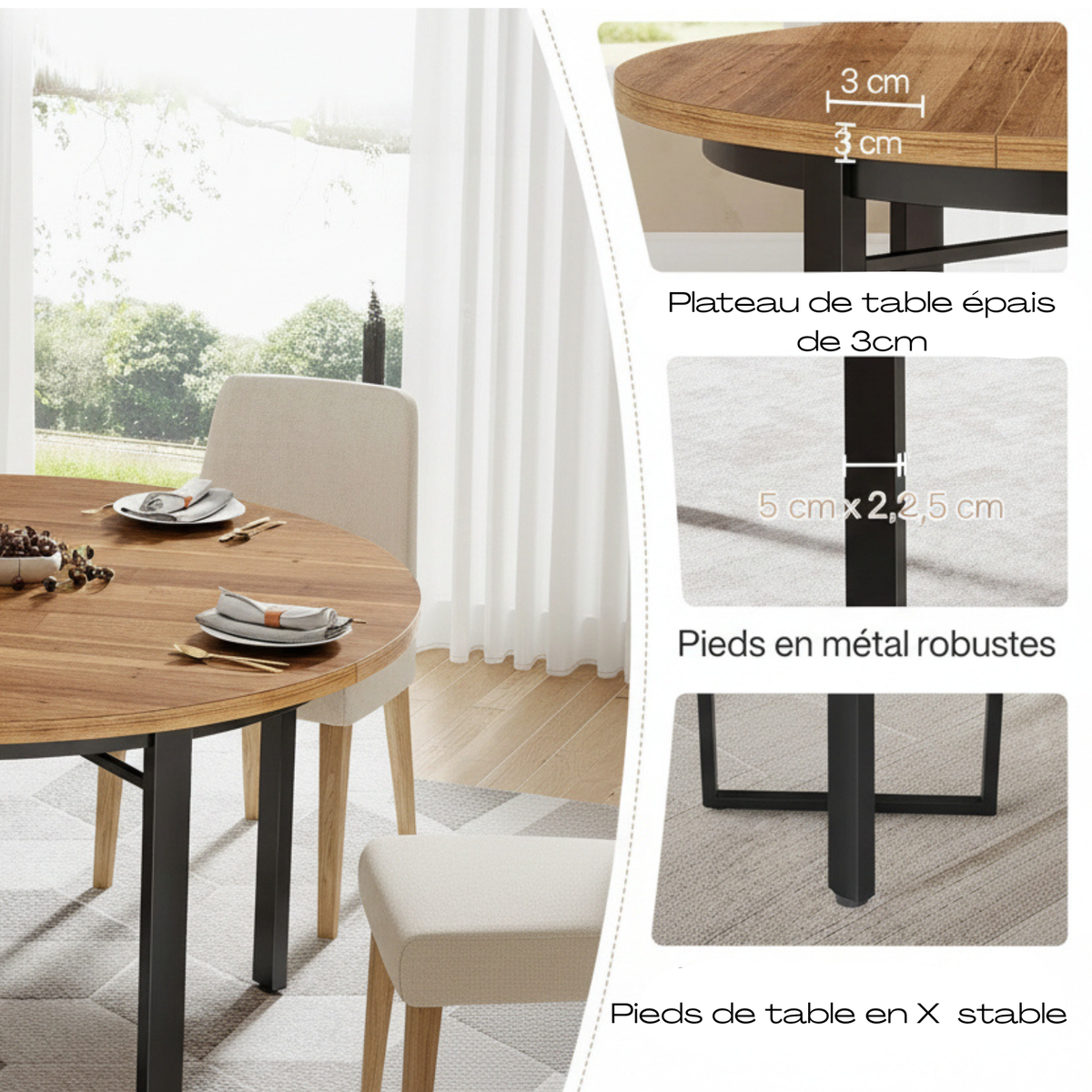 Table à manger ronde en bois pieds métal