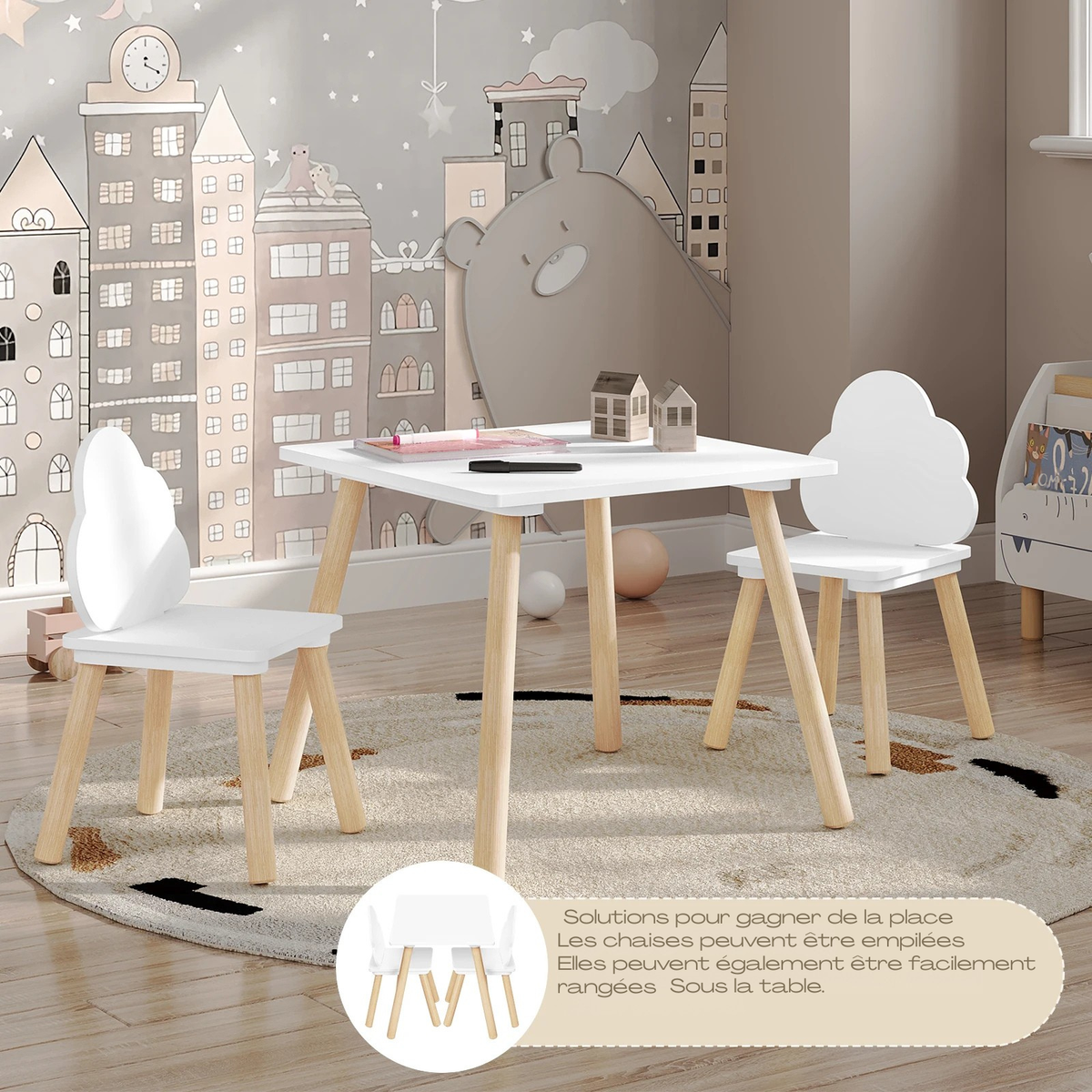 Table enfant en bois, 2 chaises