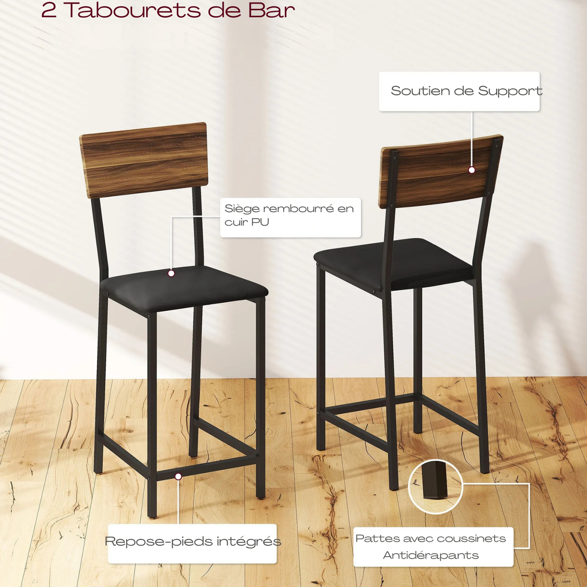 Table haute bois + 2 tabourets