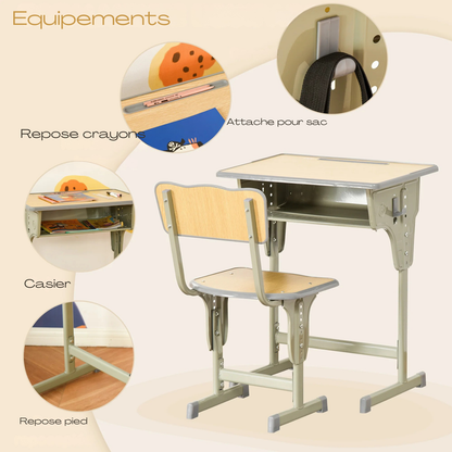 Table enfant en bois et métal avec casier, 1 chaise