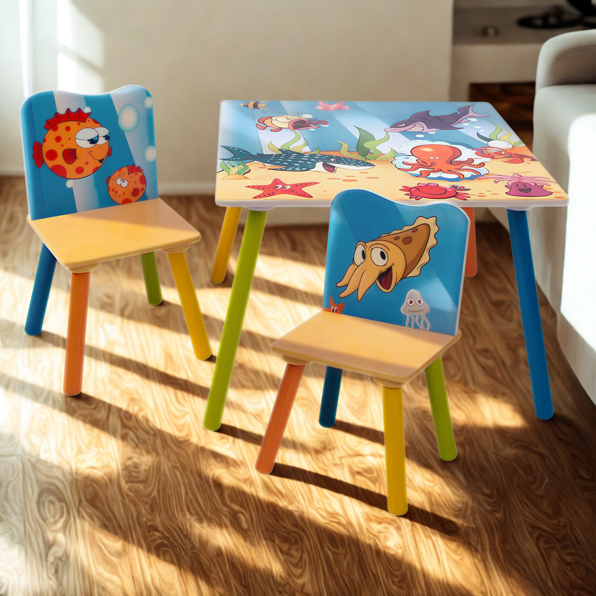 Table enfant en bois, 2 chaises