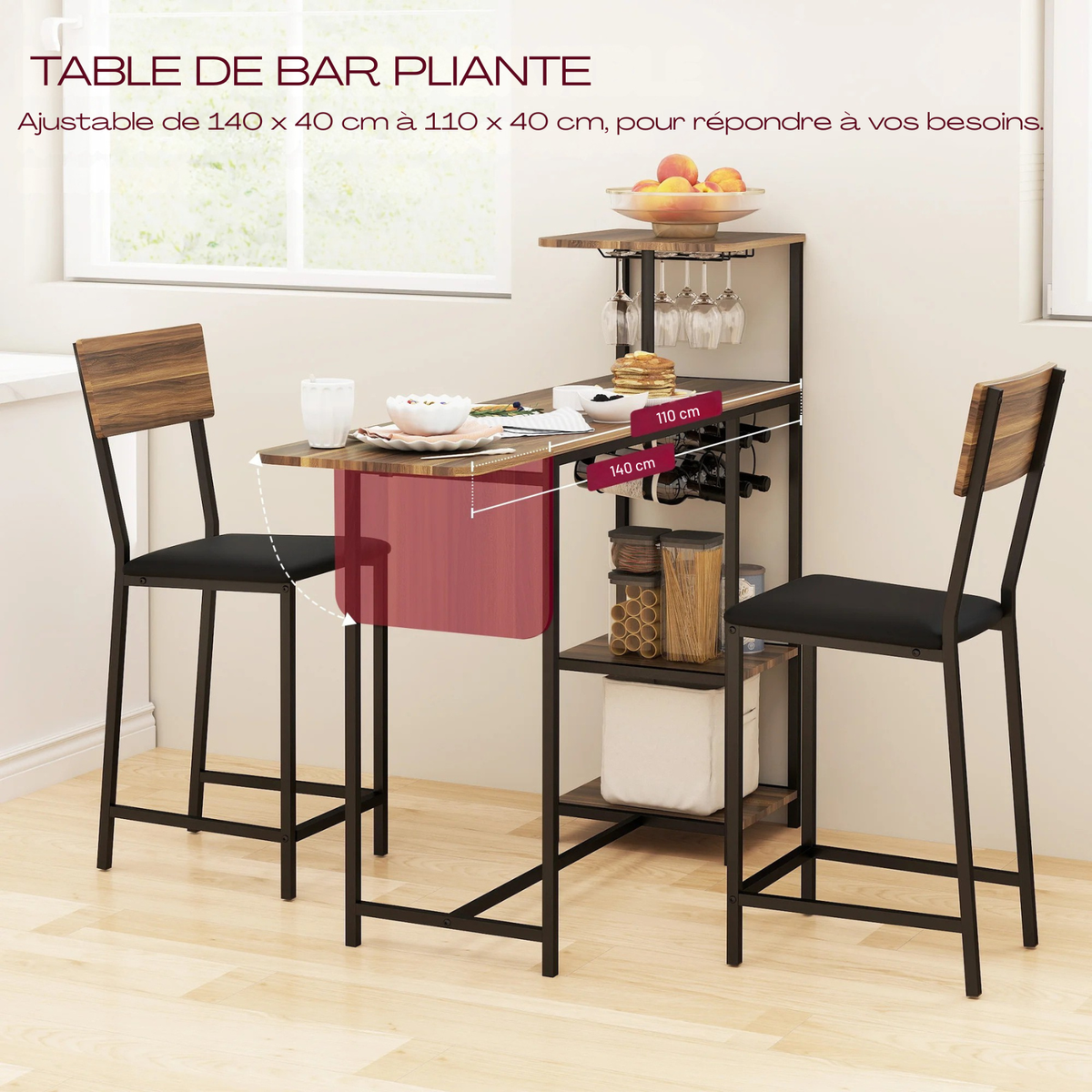 Table haute bois + 2 tabourets