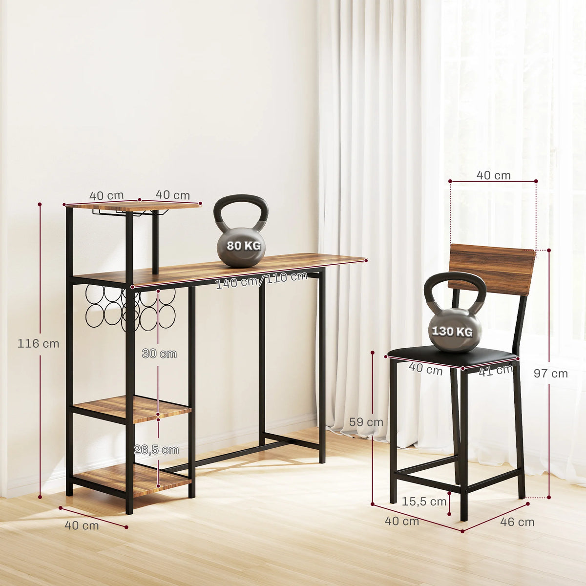 Table haute bois + 2 tabourets