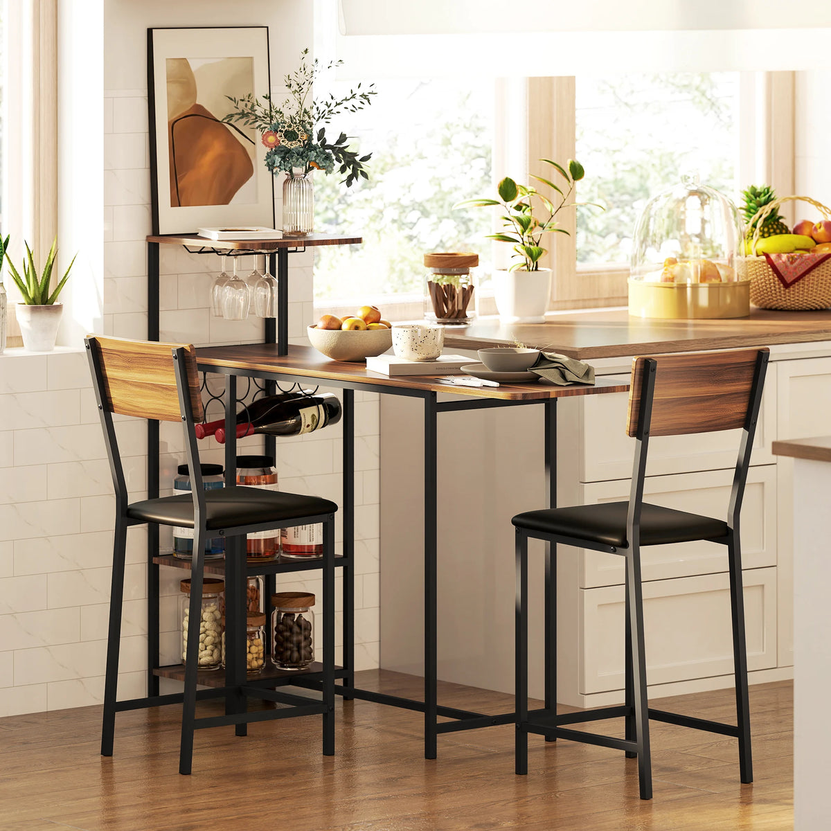 Table haute bois + 2 tabourets